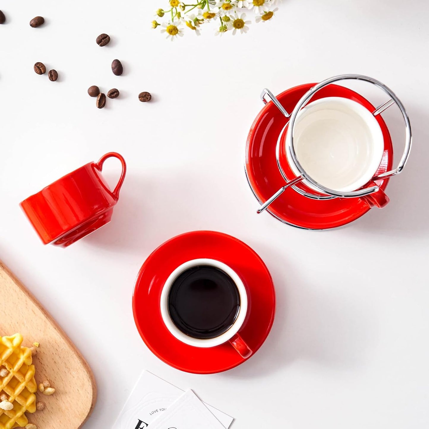 2.5 Ounce Porcelain Espresso Cups with Saucers and Silver Stand, Red Stackable Cups Set of 4