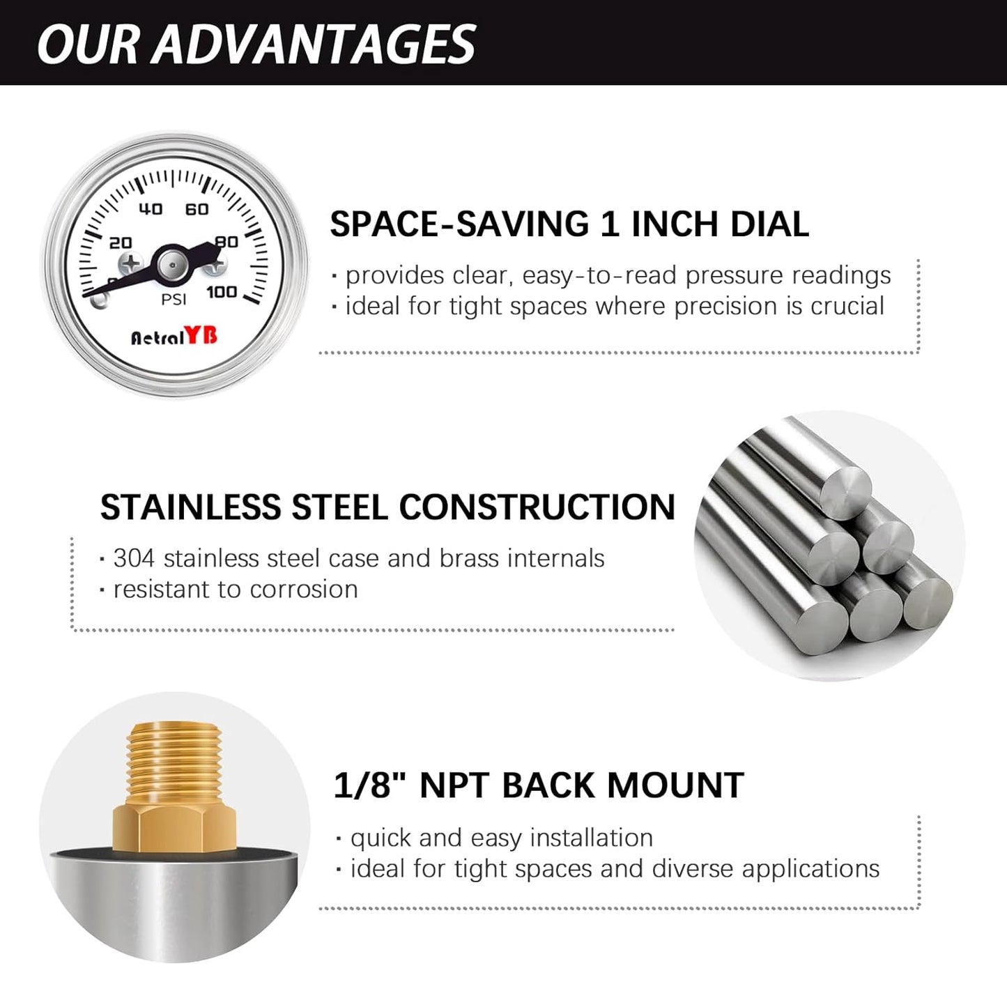 1 Inch mini Pressure Gauge, 0-100 Psi Air Gauge, Stainless Steel Case, 1/8" NPT Back Mount, Psi Coffee Machine Pressure Gauge for Water Pumps, Air Compressors