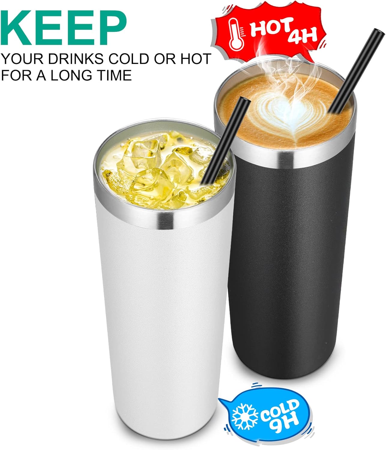 VEGOND Stainless Steel Skinny Tumbler, 20 oz Vacuum Insulated Tumbler with Lid and Straw, Double Wall Coffee Cup, Travel Mug for Cold Hot Drinks, White 1 Pack