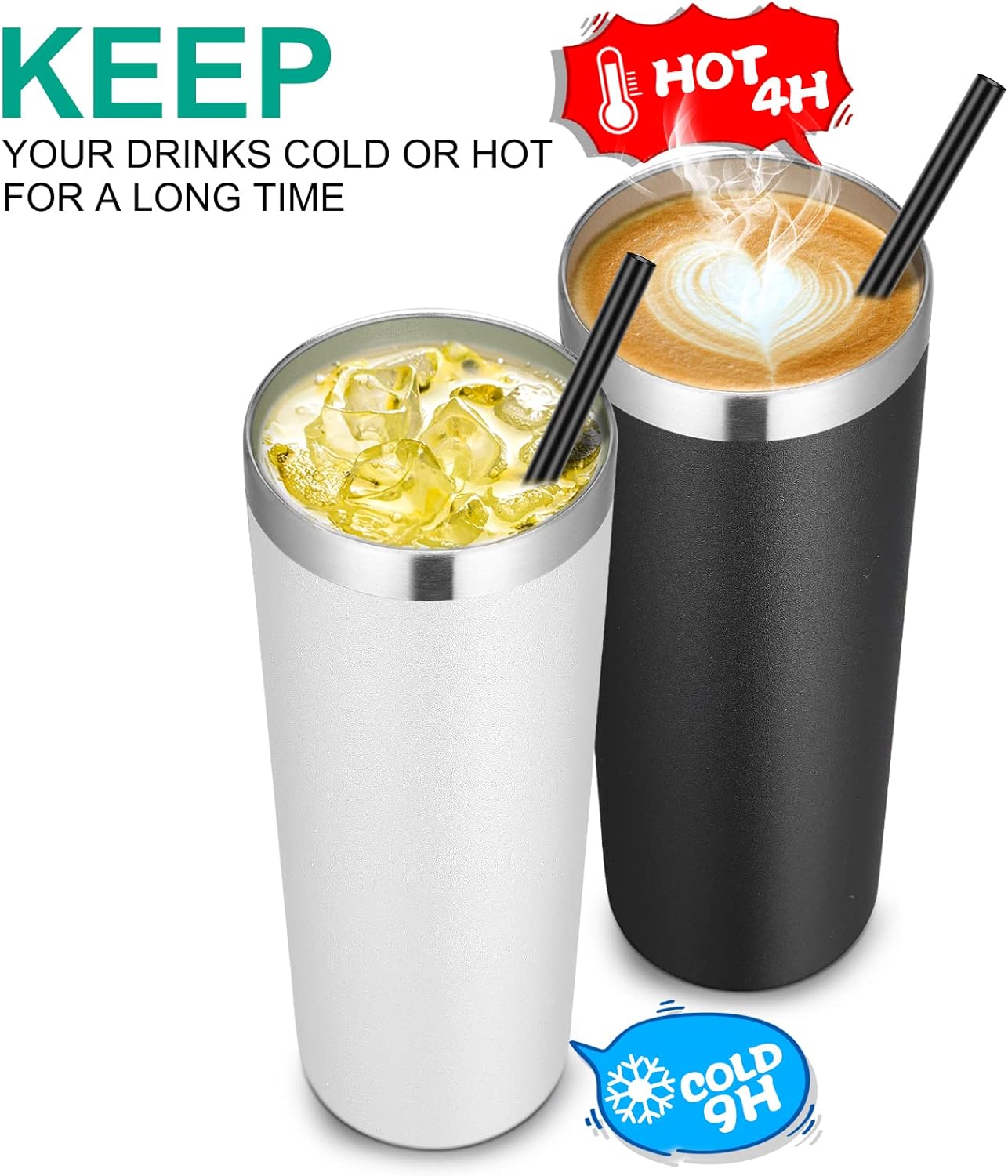 VEGOND Stainless Steel Skinny Tumbler, 20 oz Vacuum Insulated Tumbler with Lid and Straw, Double Wall Coffee Cup, Travel Mug for Cold Hot Drinks, Black 1 Pack