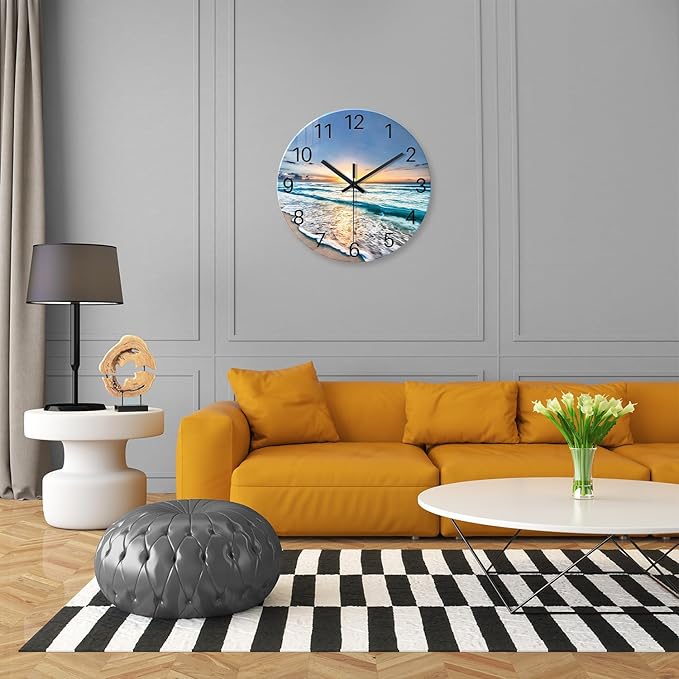 Blue Coastal Wall Clocks Battery Operated 16 Inch Glass Wall Clock Silent Beach - Image 2