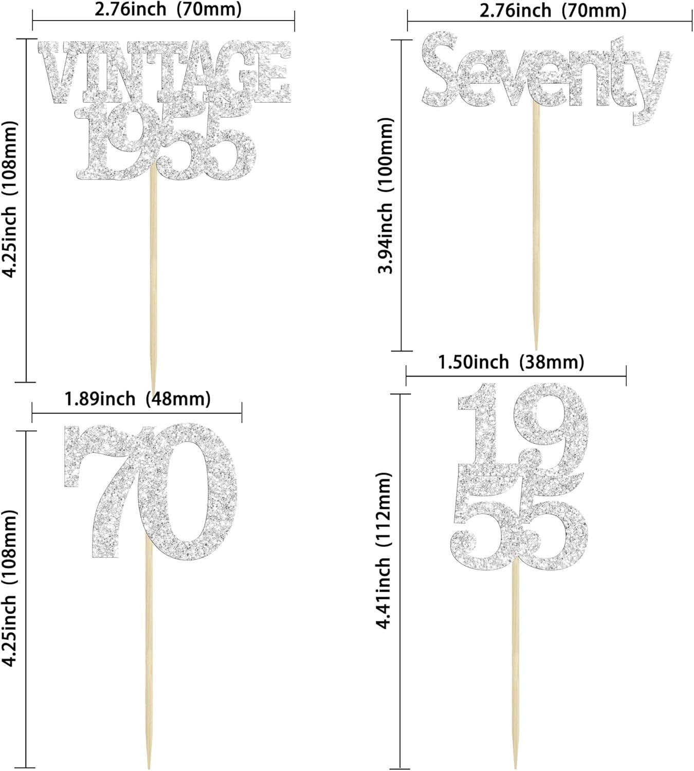 Gyufise 24Pcs 70th Birthday Cupcake Toppers Glitter Cheers to 70 Fabulous Seventy Vintage 1955 Cupcake Picks 70th Birthday Wedding Anniversary Party Cake Decorations Supplies Silver