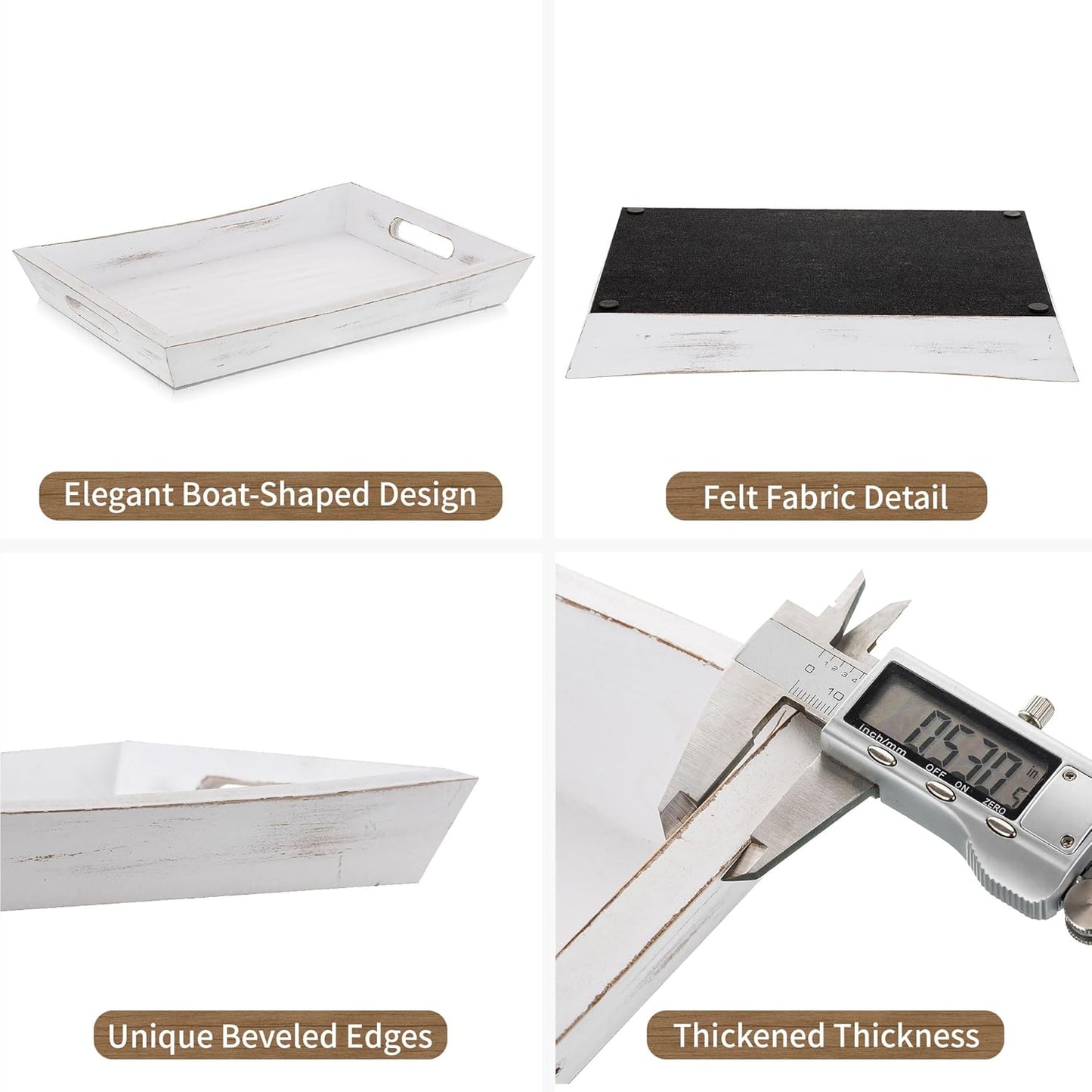 Hanobe Decorative Wooden Serving Tray: Rustic Wood Ottoman Trays for Coffee Table Rectangular Tray with Handles for Living Room Kitchen Home Decor, White