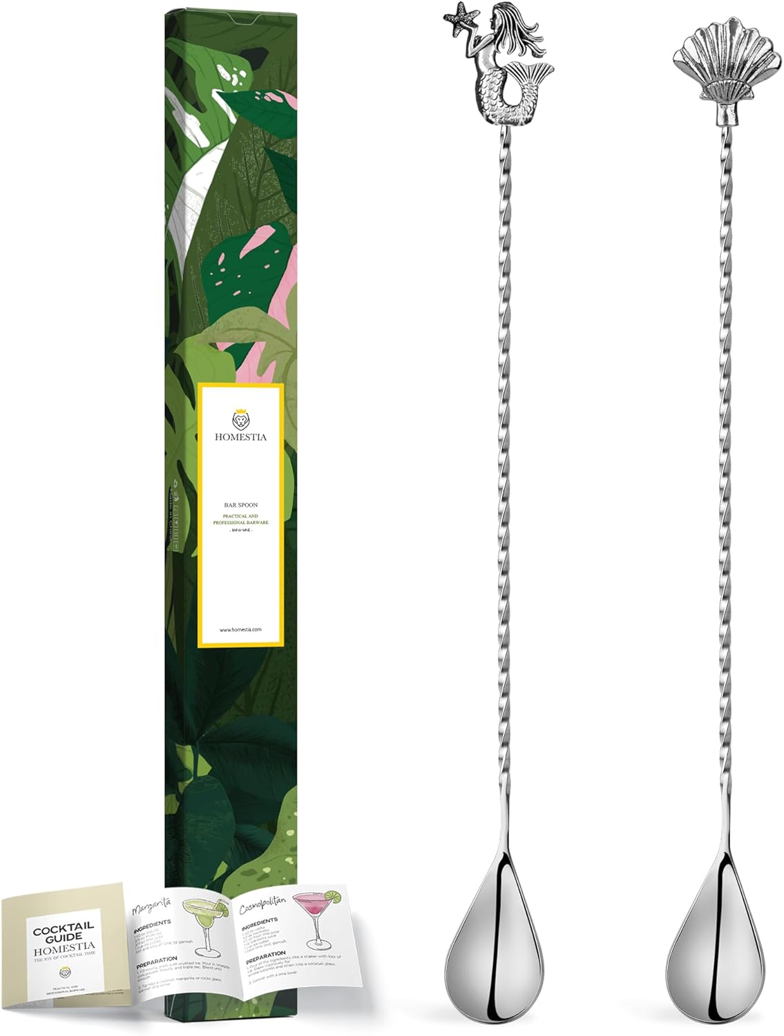 Homestia 12'' Cocktail Mixing Spoon Set, Food-Grade Stainless Steel Stirrer Spiral Pattern Bar Cocktail Shaker Spoon for Ice Cream Smoothies Juice Coffee Tea Drink (Mermaid, Shell Handle) - Set of 2