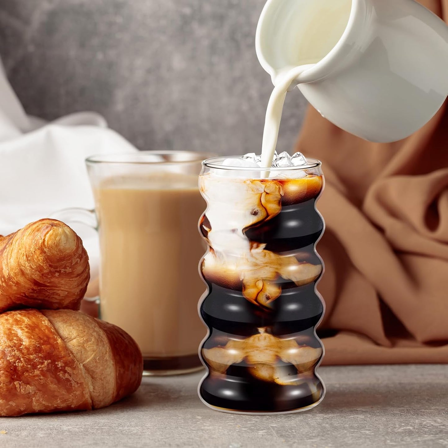 Tessco for you 4 Pcs Creative Glass Cups Vintage Drinking Glasses Ribbed Glassware Aesthetic Cup Entertainment Dinnerware Glassware with Straws Set for Kitchen Coffee Beverage(16 oz,Clear)