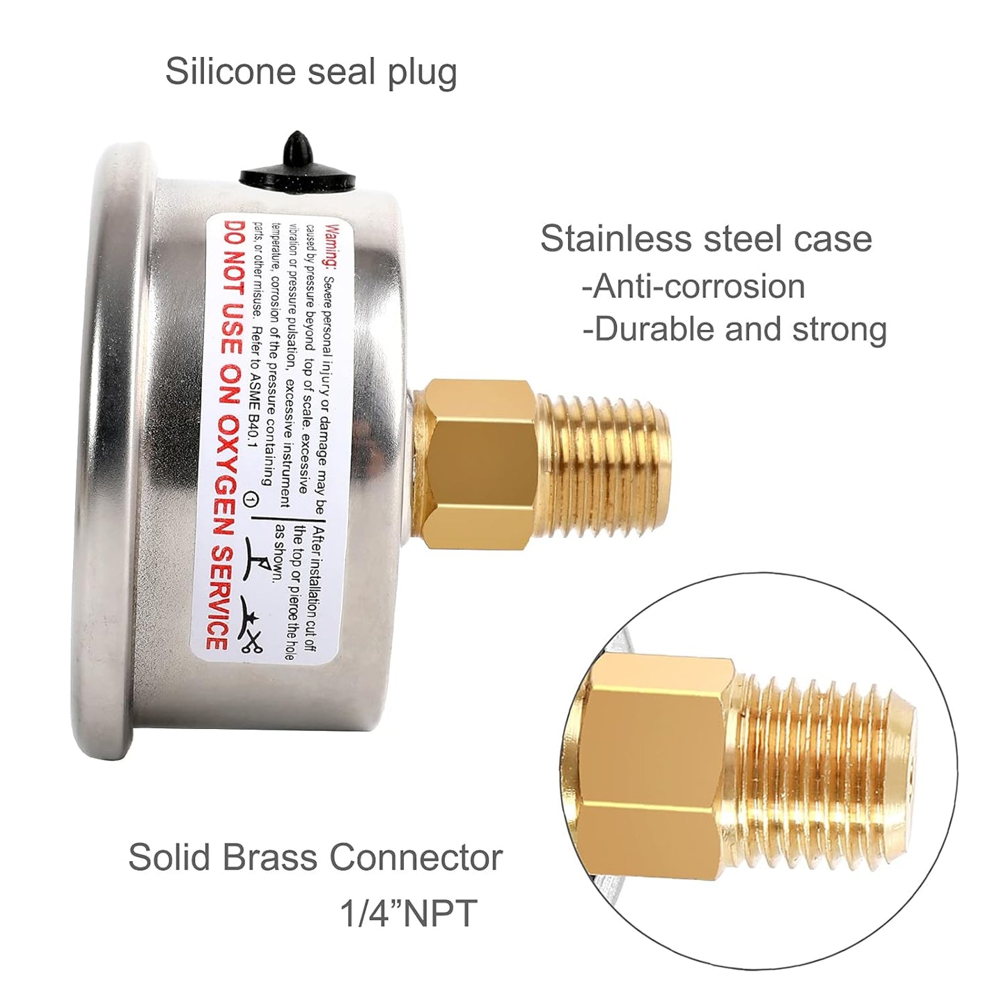 Glycerin Filled Pressure Gauge 300psi/20bar, Stainless Steel case, Brass Inside Construction, 2-1/2" dial, 1/4" NPT Back Connection.……