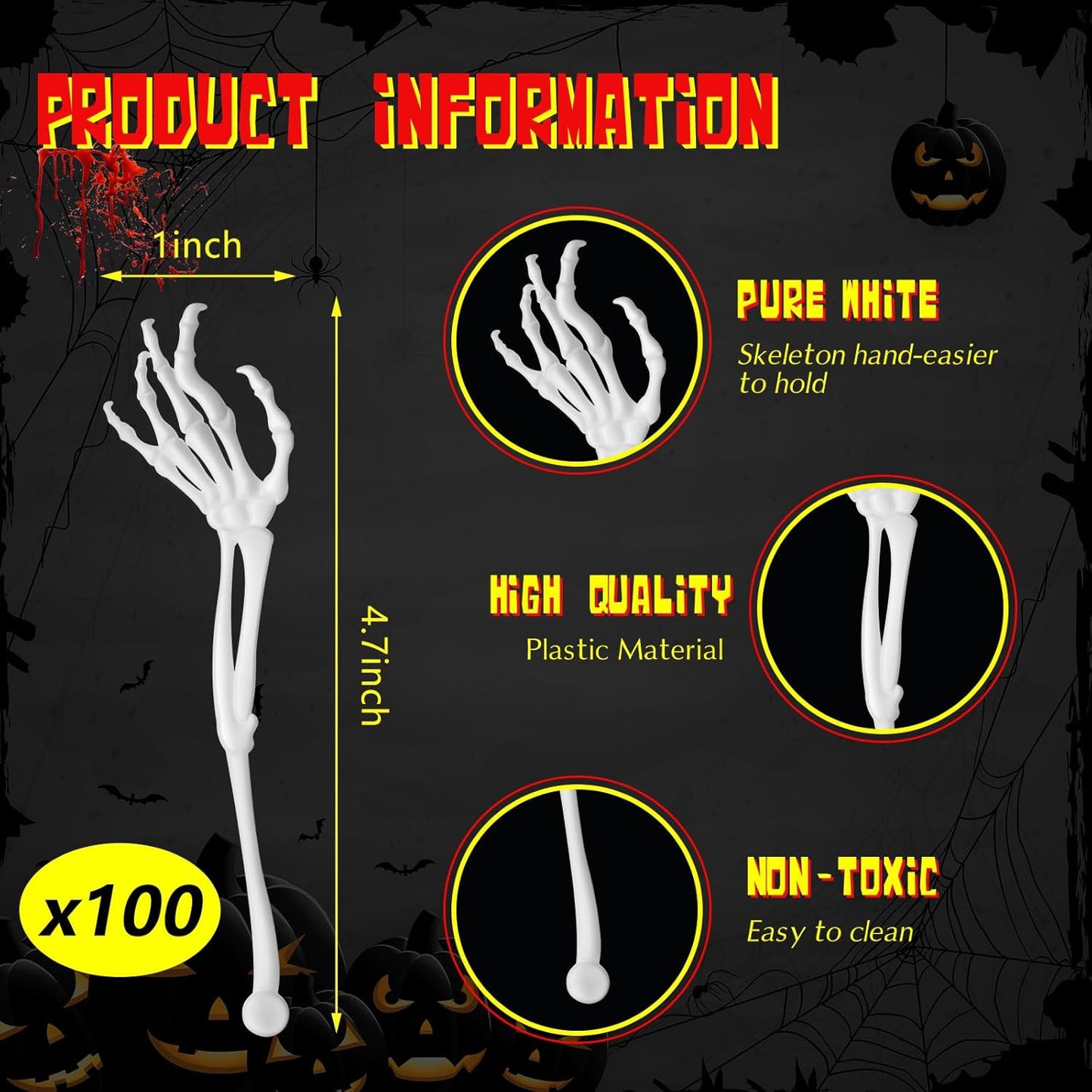 Remerry 100 Pcs Halloween Skeleton Swizzle Sticks Cocktail Garnish Sticks Hand Plastic Food Picks Coffee Stirrers Reusable Drink Stir Sticks Halloween Party Decorations for Birthday Bar Home(White)