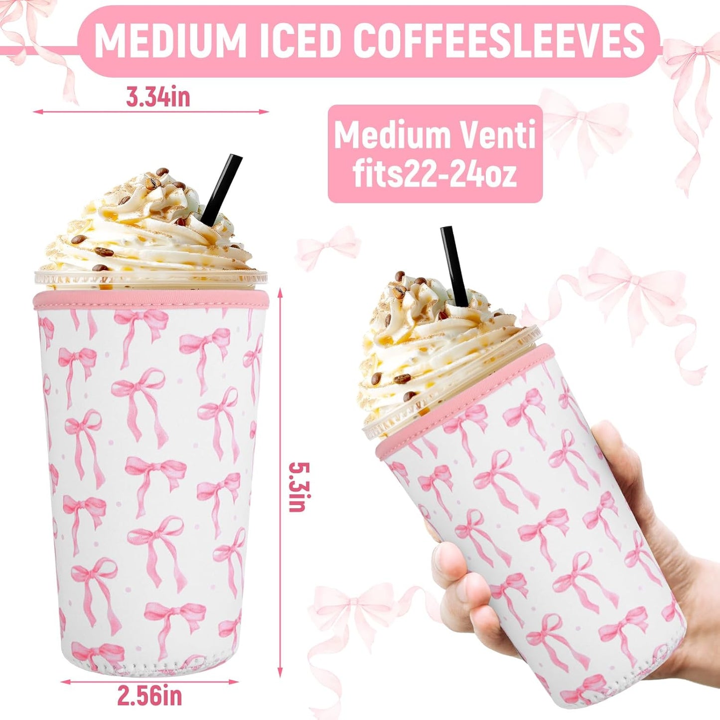 8 Pcs Reusable Sleeves for Iced Coffee Cup Pink Bow Cup Coolie Coquette Bow Reusable Coffee Insulator Sleeves Neoprene Insulated Holder for Iced & Hot Drinks, 22-24 oz