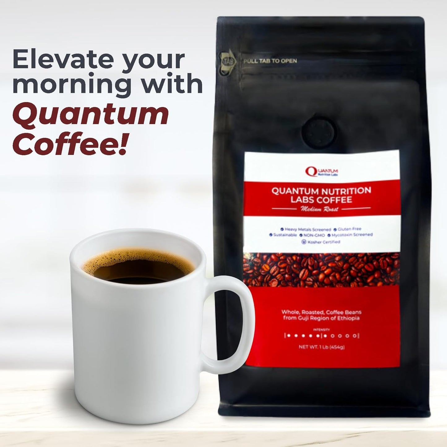 Quantum Organic Whole Roasted Coffee Beans - Medium Roast, From Guji Region of Ethiopia, Crafted for Optimal Health Benefits, Sweet & Fruity, Well-Balanced, Gluten Free, Sustainable, Non-GMO - 1 Pound