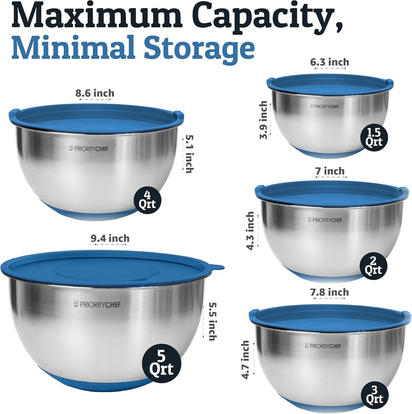 Priority Chef Stainless Steel Mixing Bowls with Lids Set, 3 Grater Attachments, Airtight Lids, Non-Slip Silicone Base Mixing Bowl Set, Large Prep Metal Mixing Bowls for Kitchen, Blue