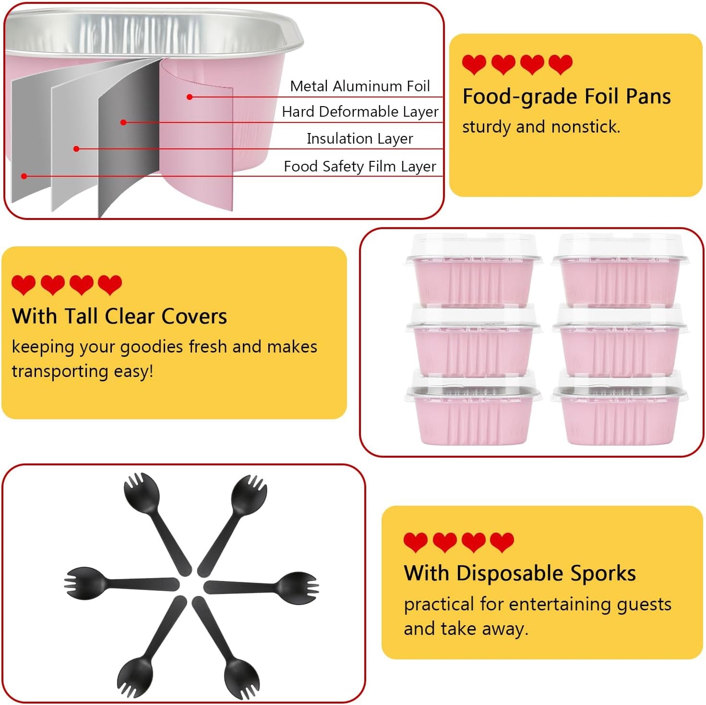 10oz/80pack Mini Cake Foil Pans with Lids,LNYZQUS 4”x4” Large Cupcake Pan Disposable Ramekins,Small Brownie Baking Cups Square Muffin Tin Cheesecake Containers Holders-Pink