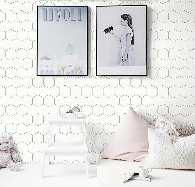 Hexagonal Wallpaper Geometric Peel and Stick Wallpaper 17.3”×197”Gold and White - Image 4