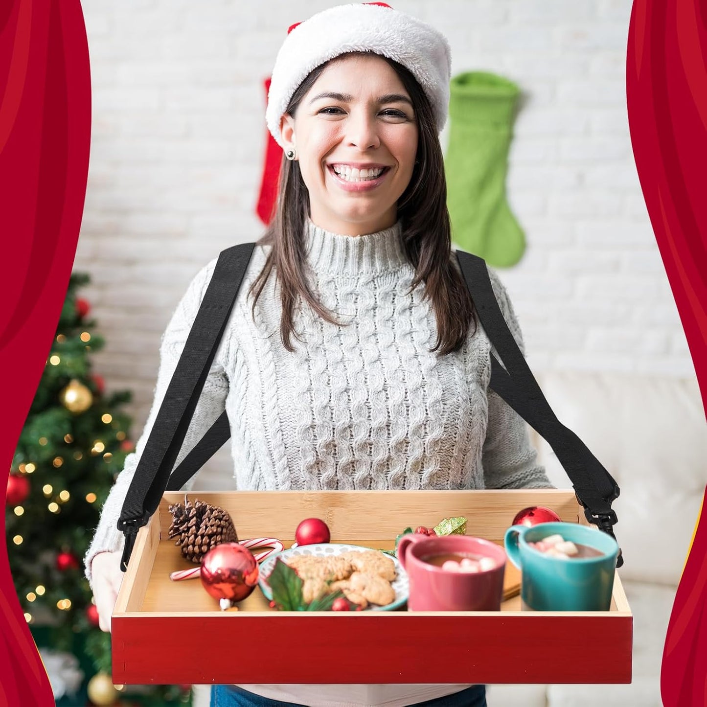 Marsui 2 Pcs Halloween Snack Trays with Straps 15 x 11 x 2 Inch Wooden Movie Night Snack Drink Trays Vendor Usherette Popcorn Drink Beverage Carrier for 20's Theme Carnival Party Costume(Red)