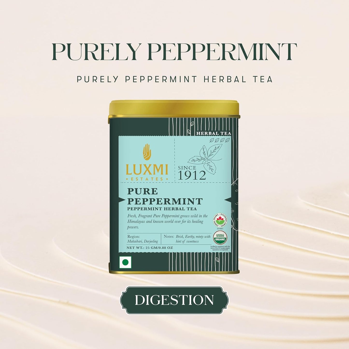 Luxmi Estates Purely Peppermint 25gm Tin | USDA Certified Organic Herbal Tea | Mint Tea Best for Night Time