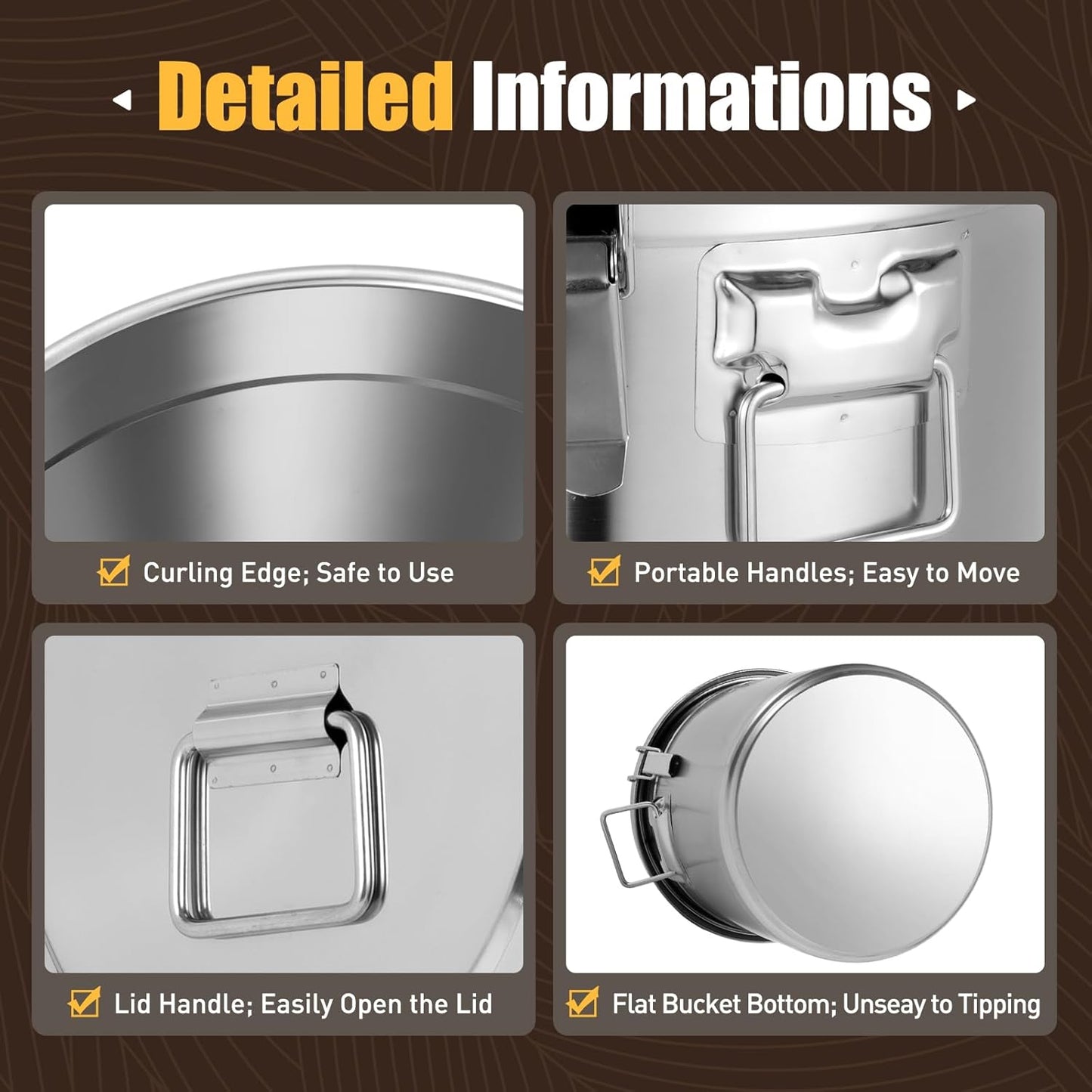 PERFERATE 304 Stainless Steel Airtight Canister 6L/12L Food Storage Bucket with Lids and Sturdy Locking Clamp Metal Cereal Rice Storage Container for Flour, Coffee Bean, Sugar, Cookie (33L)