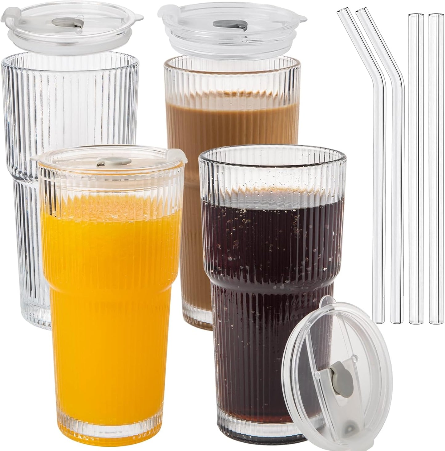 20oz Ribbed Glass Cups with Lids and Straws 4 Set, Vintage Glassware for Whiskey Cocktail Beer, Glass Tumbler, Iced Coffee Cups For Cold Drinks, Smoothie, Juice,Drinking (4)
