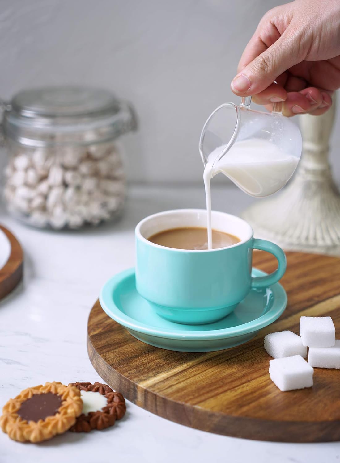 Sweese 4 Ounce Porcelain Stackable Espresso Cups with Saucers and Metal Stand Set of 4, Turquoise