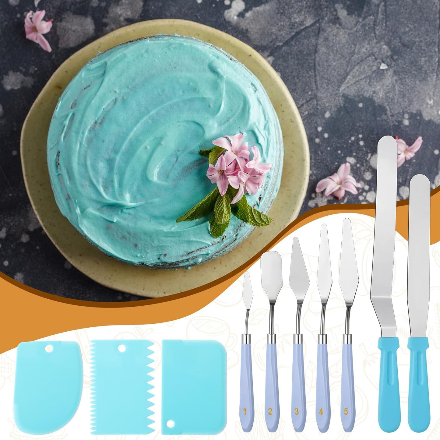 10 Pcs cake spatula set Decorating Kit Baking Supply Accessories Tools for Beginners and Pros Includes 2 Frosting Straight Angled Spatula 3 Icing Smoother Scrapers 5 Pieces Cream tools(Blue)