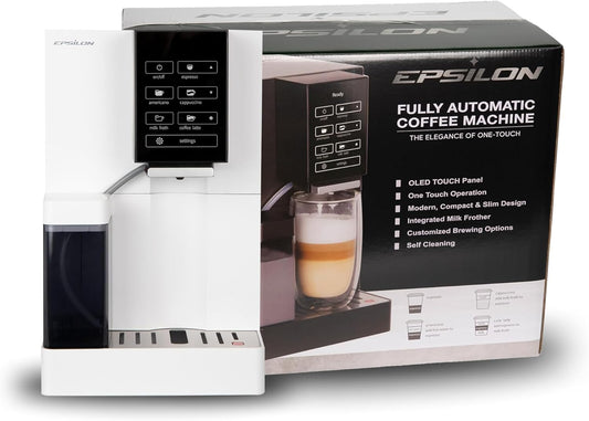 Epsilon Fully Automatic Coffee Machine, Modern One Touch Espresso Machine, Integrated Milk Frother and Custom Brewing Cafe Maker, Compact Countertop Size, Self Cleaning Cafetera (White)