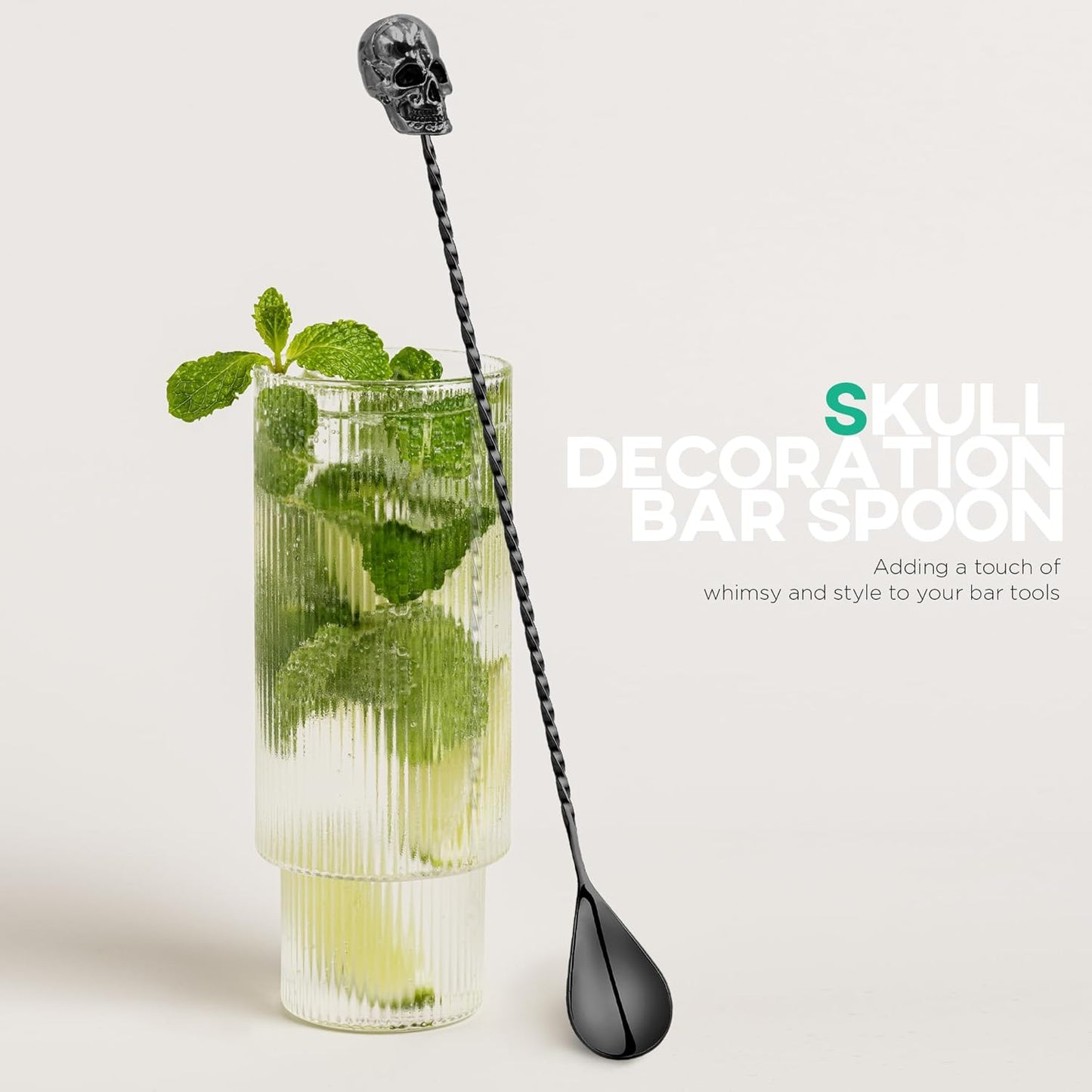 Homestia 12-Inch Skull Bar Spoon, 304 Stainless Steel Cocktail Spoon for Layering Long Spiral Handle Mixing Spoon Stirrers for Drink Black