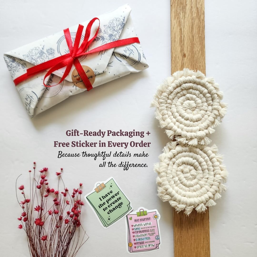 Cotton Car Coasters for Cup Holders, 2PC Car Cup Coasters, Drink Coaster Holder, Cute cupholder Coaster Accessories for Women, Macrame, Boho (Vanilla White)