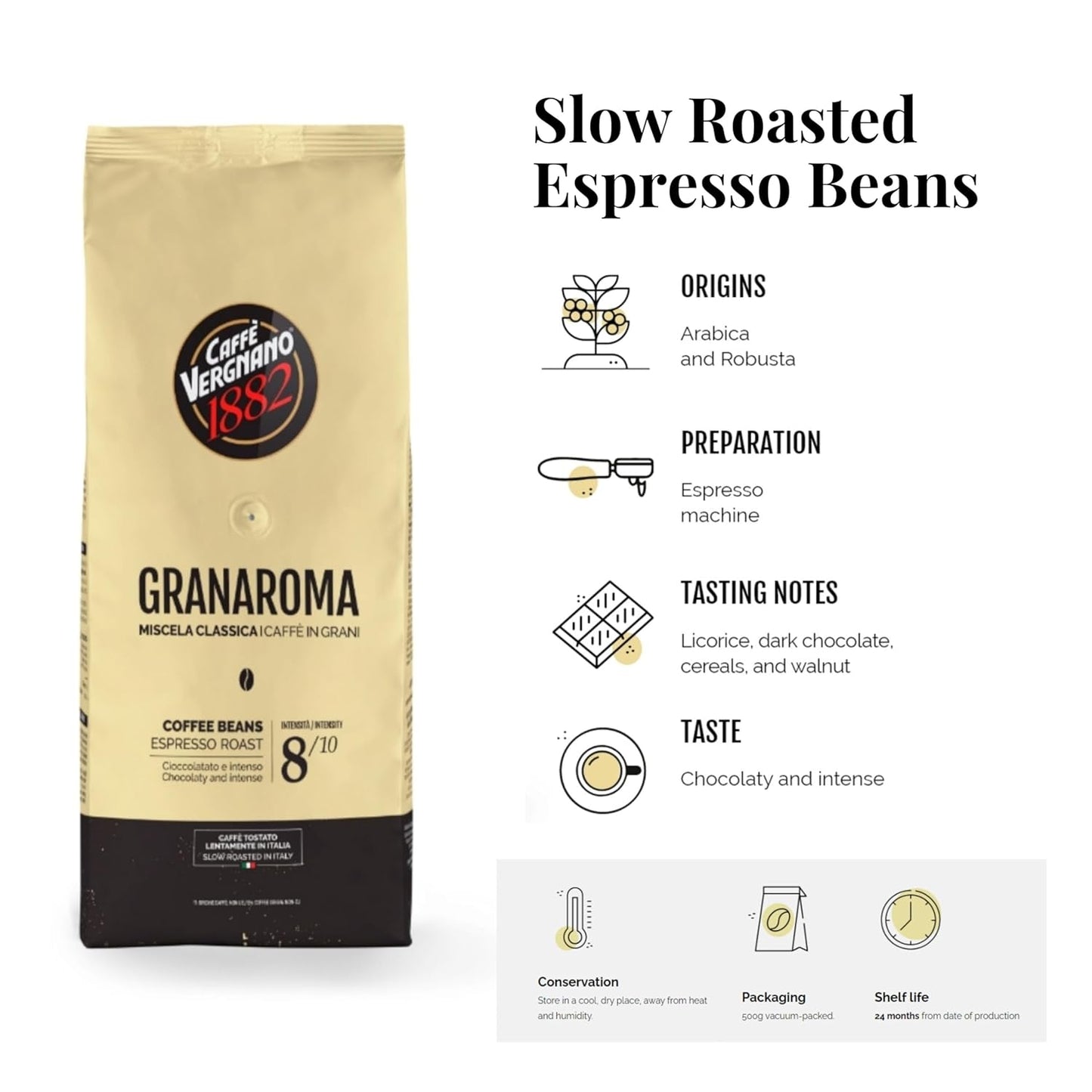Caffe Vergnano 1882 Gran Aroma Whole Bean Arabica Medium Espresso Roast Coffee, 1.1lbs Bag - Italian Coffee Beans with Rich notes of Cocoa, Spices & Dried Fruit, Intensity 8/10-500g Bag