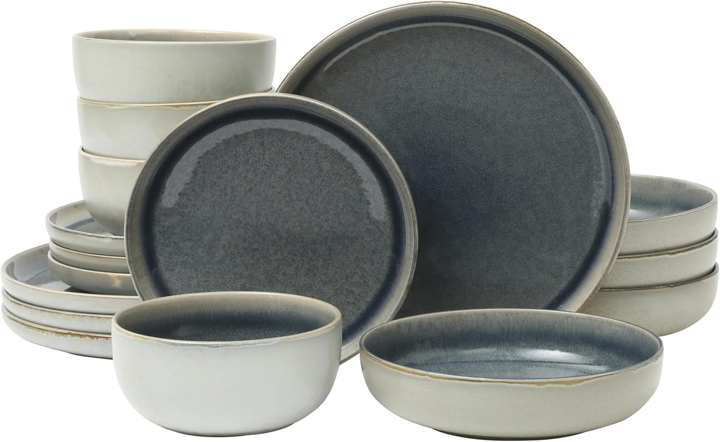 Gibson Elite Sunveil 16 Piece (Service for 4) Plates and Bowls Reactive Glaze Round Dishes Stoneware Ceramic Dinnerware Set -Blue