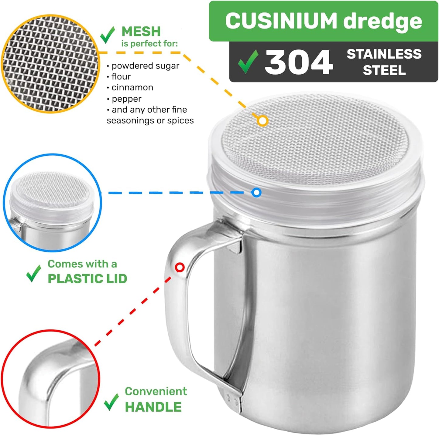 CUSINIUM Powdered Sugar Shaker Duster - With Handle - Cinnamon Shaker For Coffee Bar - Fine Mesh Dredge - 6 ounce, pack of 2 | Style: Fine