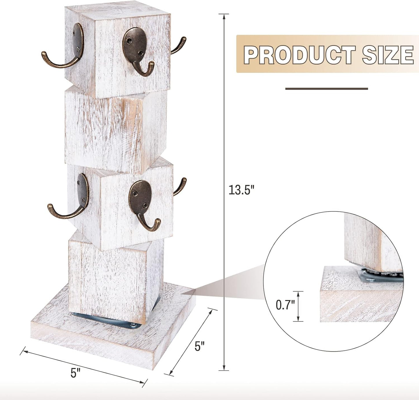 Rotated Coffee Mug Holder Tree with 360 Degree Turn, Rustic Wood Mug Tree Stand with 8 Hooks, Farmhouse Coffee Cup Holder for Counter, Mug Hanger for Kitchen Organizer, Farmhouse White