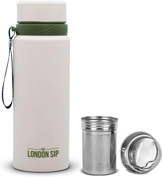 London Sip 25 oz Multi-Purpose Tea Infuser Mug – Fruit Infuser Water Bottle for Hot and Cold – Double Wall Stainless Steel Insulated, Safari Beige