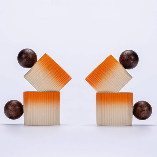 Ceramic Mini Espresso Cups Demitasse Cups with Round Wooden Handle Vertical Stripes Tea Cups (Beige&Orange, 4pcs)