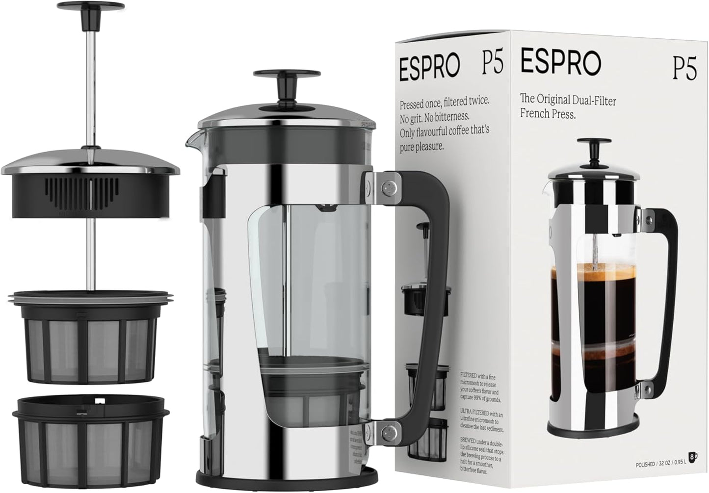 ESPRO - P5 French Press Coffee Maker – Patented Double Microfilter for Sludge and Grit Free Coffee, Black, 32 oz