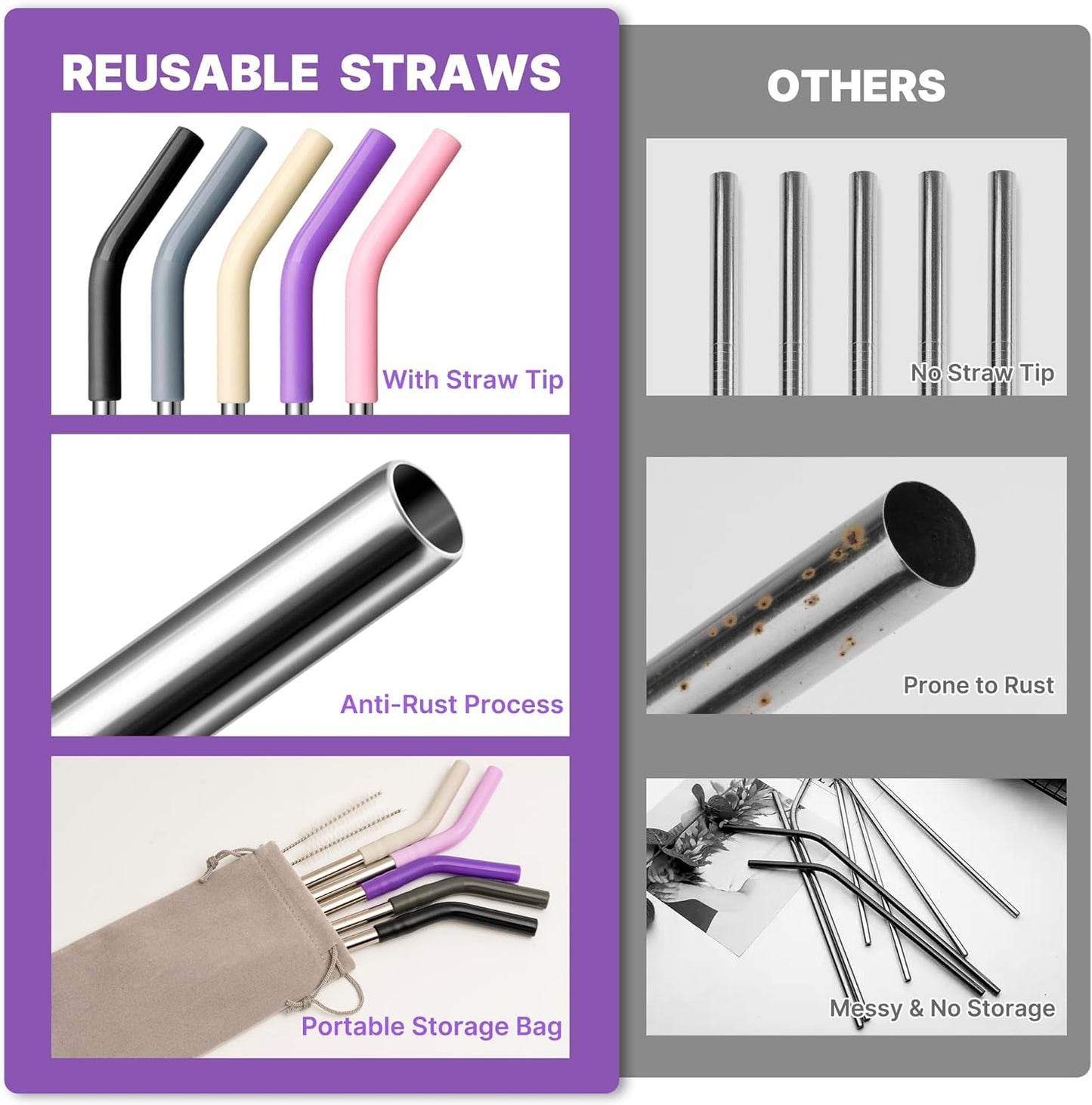 40 oz Metal Straw for Stanley Cup,Simple Modern, Meoky Tumbler, 5 Pcs Reusable Stainless Steel Straws with Silicone Tip, Replacement Straws for 40oz Tumblers, Cleaning Brush, 1 Portable Bag