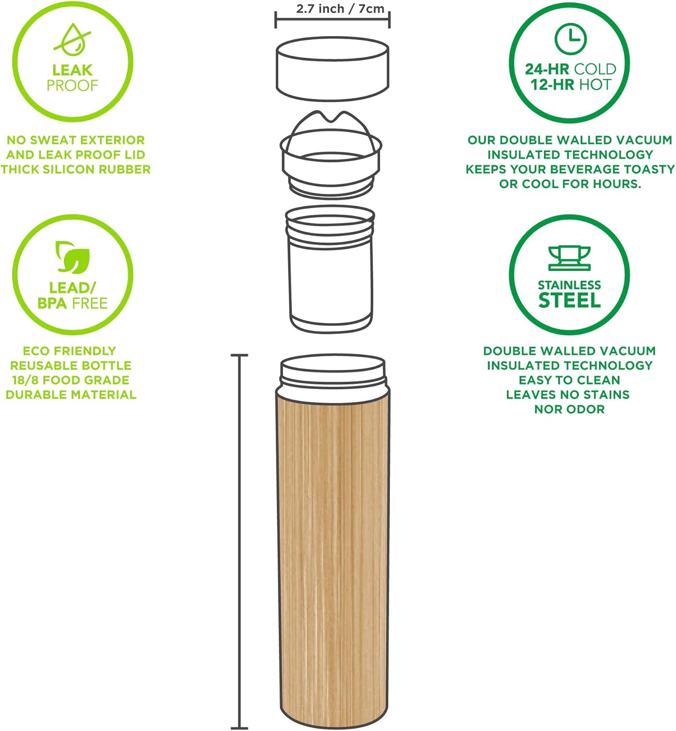 Dr. Zisman ZT Double-Walled Stainless-Steel Tea Infuser Bottle or Travel Mug Cup Container - Leak-Free Insulated Thermos Tumbler for Keeping Hot and Cold Water or Beverages (Bamboo)