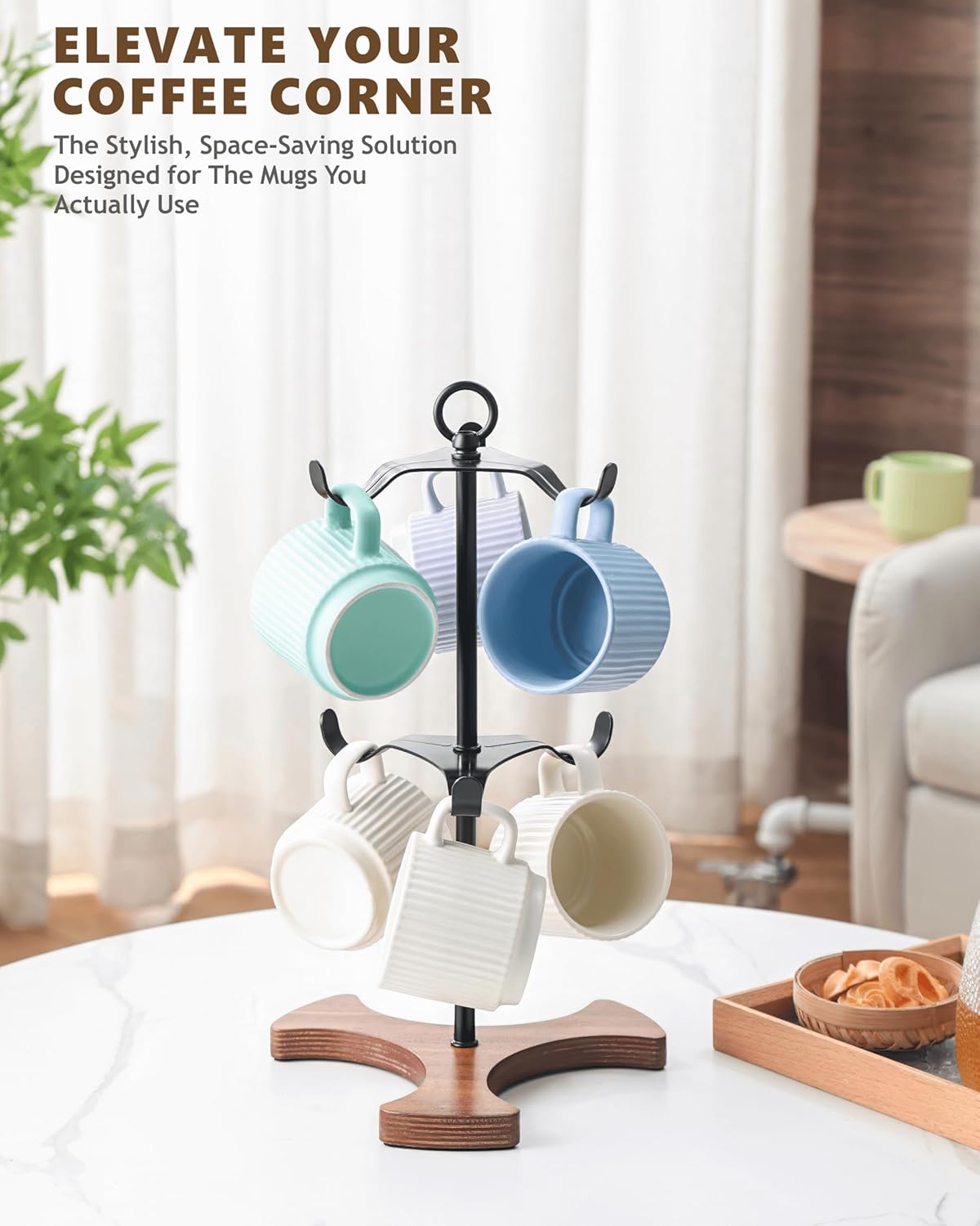 Mug Holder Tree for Countertop | 2-Tier Coffee Cup Stand & Rack Holds 6 Large Mugs, 5oz to 20oz | Space-Saving Mug Stand with Solid Wood Base | Kitchen Counter Organizer & Coffee Bar Accessories