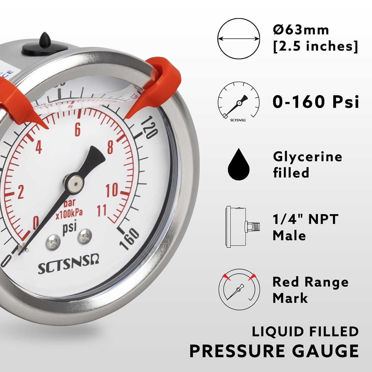 0 to 160 Psi Pressure Gauge, Glycerin Liquid Filled, 2.5 inch Dial, 1/4" NPT Back Mount, Stainless Steel Case, for Air Compressor, Well Pump, Water, RV, Tire, CO2, Pipe, Gas, Pressure Test