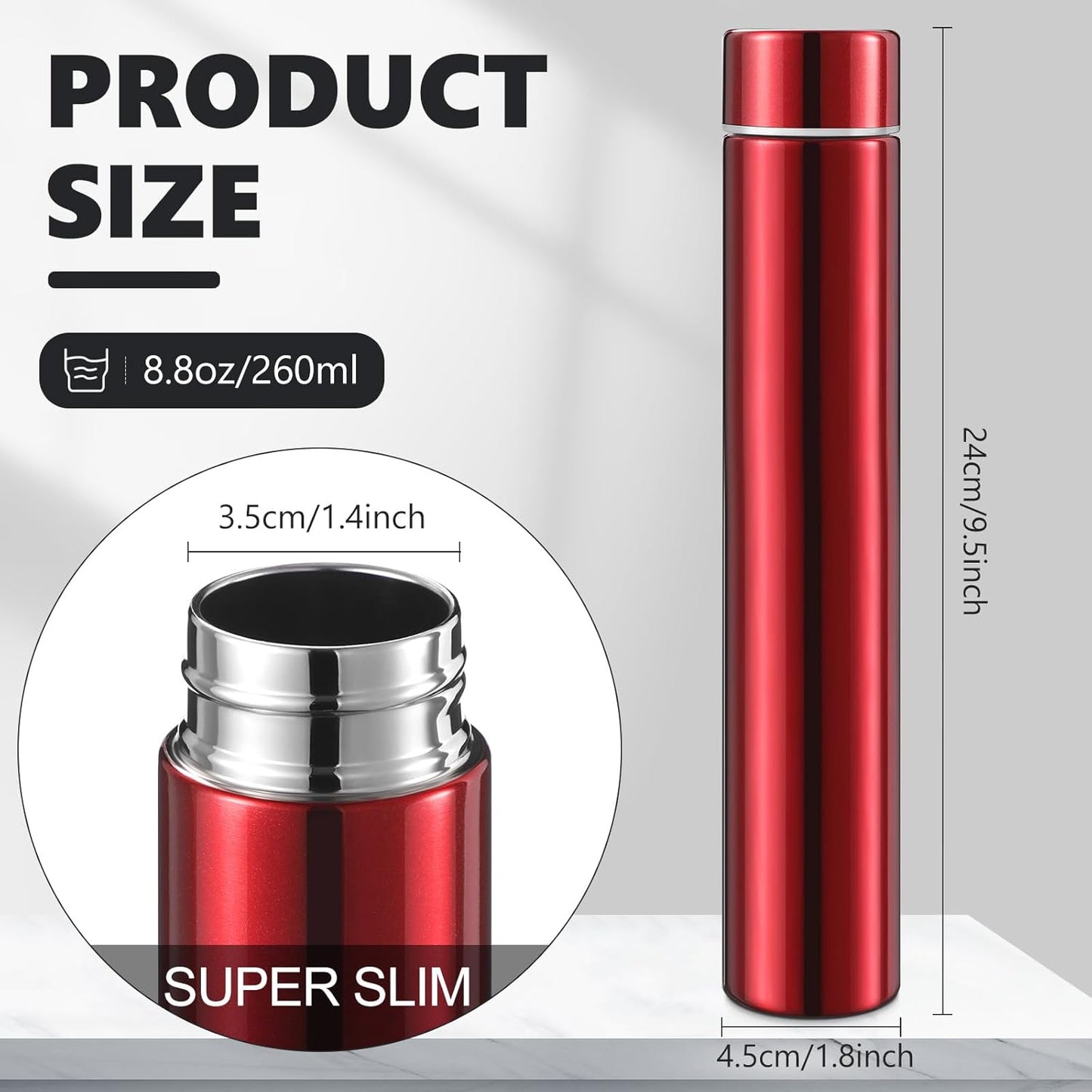 Vesici Slim Water Bottle 8.8 oz Small Stainless Steel Purse Compact Insulated Water Bottles Camping Travel Backpack Pocket Flask for Car Cold Coffee Tea(Black, Red,2 Pack)