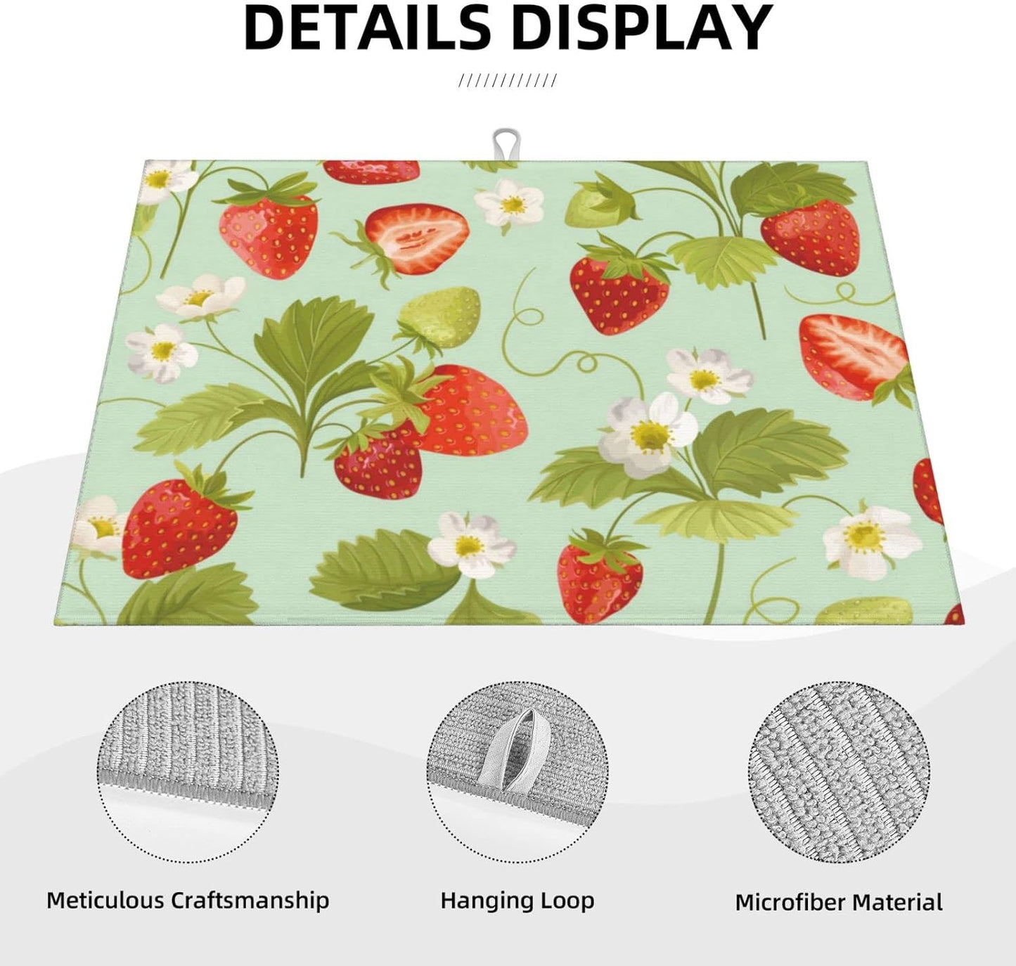 Large Dish Drying Mats For Kitchen Counter Microfiber Kitchen Drying Mat XL Draining Pad Absorbent Quick Drying Dish Mat 18x24 Inch - Strawberry