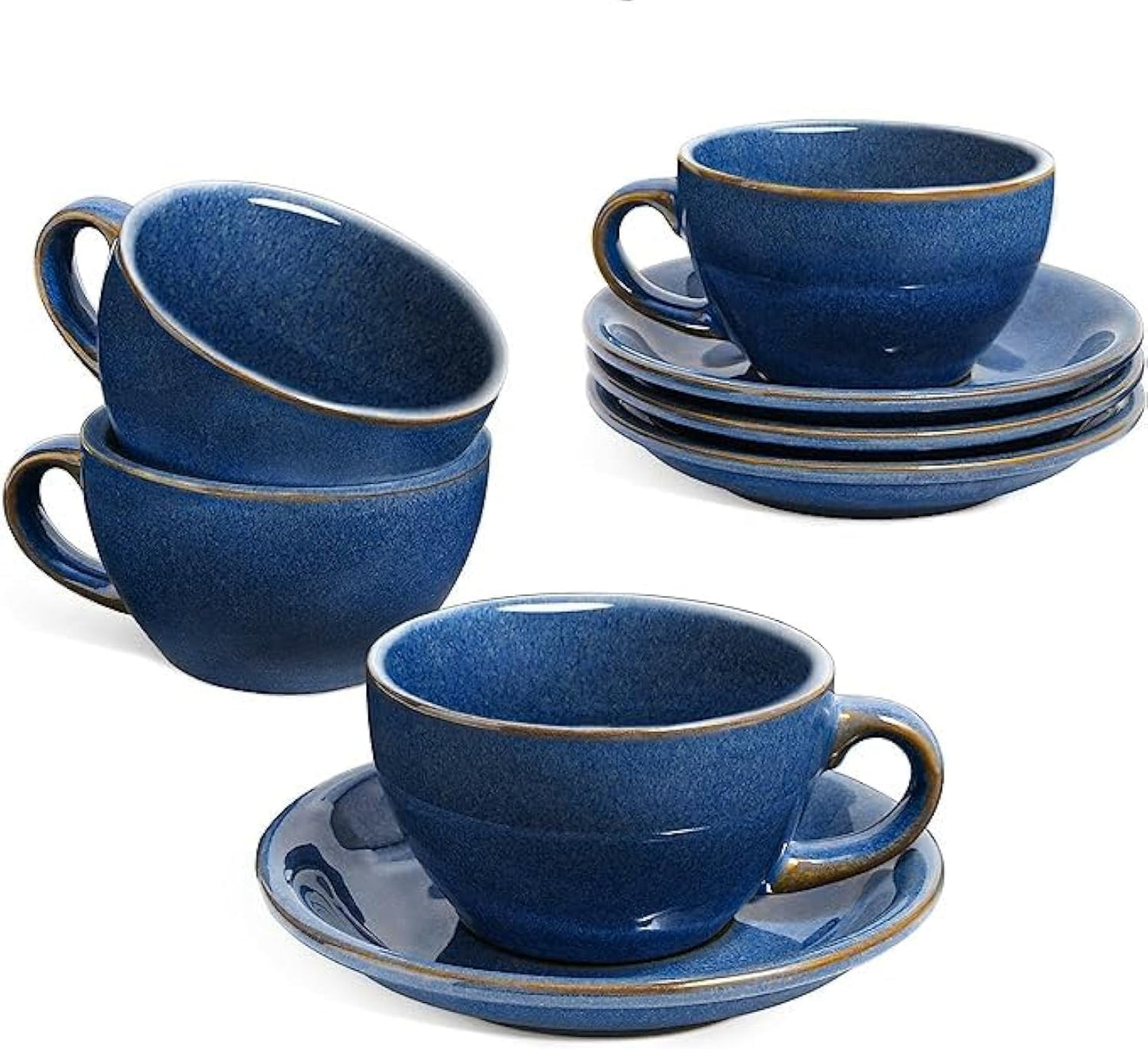 LE TAUCI 6 oz Cappuccino Cups with Saucers, Ceramic Coffee Cup for Au Lait, Double shot, Latte, Cafe Mocha, Tea - Set of 4, Ceylon Blue
