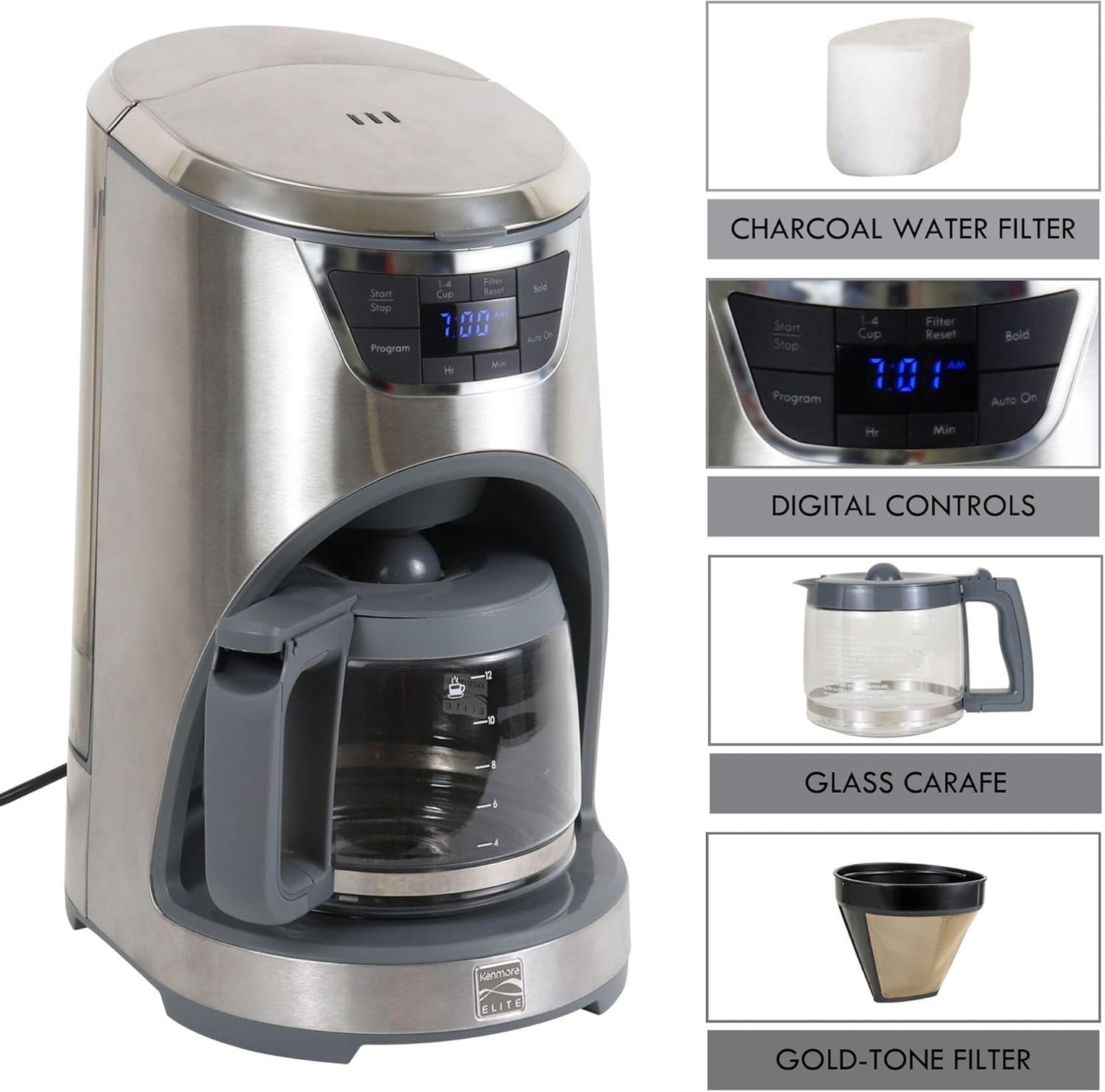 Kenmore Elite Drip Coffee Maker - 12 Cup Programmable Cafe Machine With Glass Pot, Regular & Bold Brew, Auto Shut Off Large Water Reservoir, Reusable Filter, Kitchen Appliances
