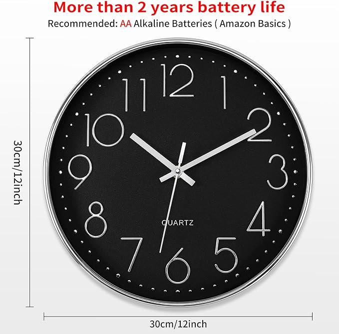 Foxtop Silver Wall Clock Silent Non-Ticking Battery Operated Round Modern Wall - Image 2