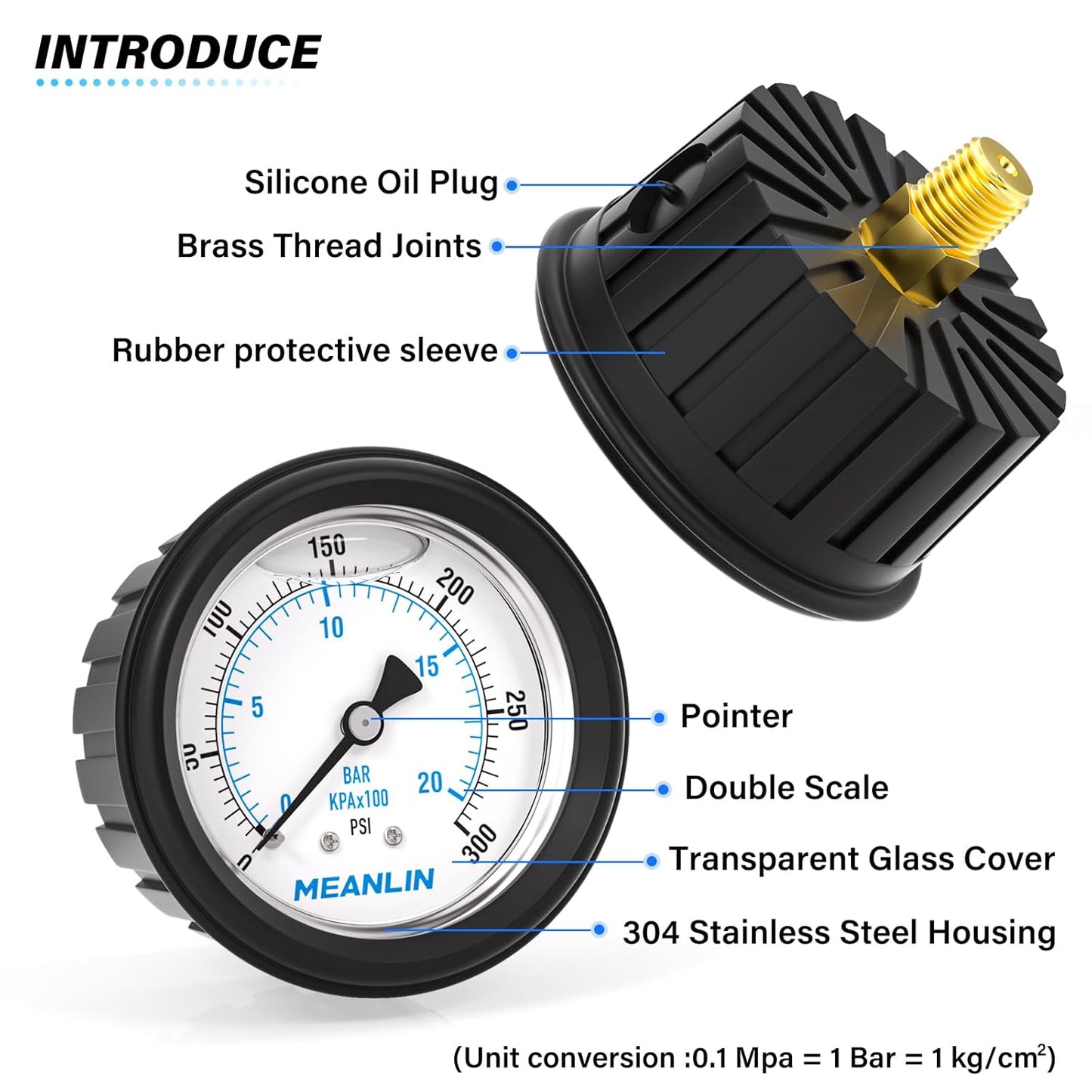 MEANLIN MEASURE 0~300Psi Stainless Steel Liquid Filled Pressure Gauge 1/4" NPT 2.5" FACE DIAL with Rubber Protective Sleeve, Center Back Mount