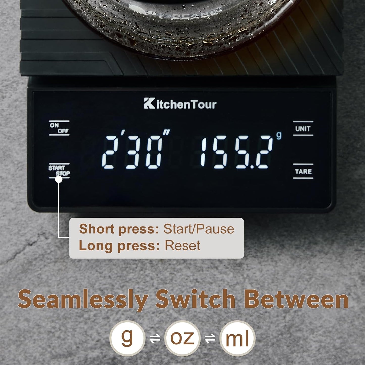 KitchenTour Coffee Scale with Timer 3kg/0.1g - High Precision Pour Over Drip Espresso Scale with Back-Lit LCD Display - Stain Steel Platform(Batteries Included)