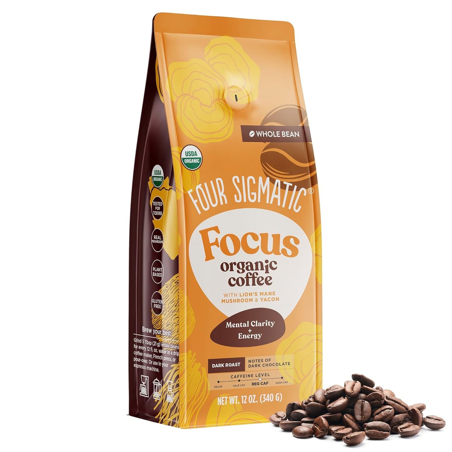 Four Sigmatic Dark Roast Organic Whole Bean Coffee | Gourmet Nootropic Mushroom Coffee Beans with Lion's Mane & Chaga Mushrooms for Enhanced Brain Function and Immune Support | 12oz
