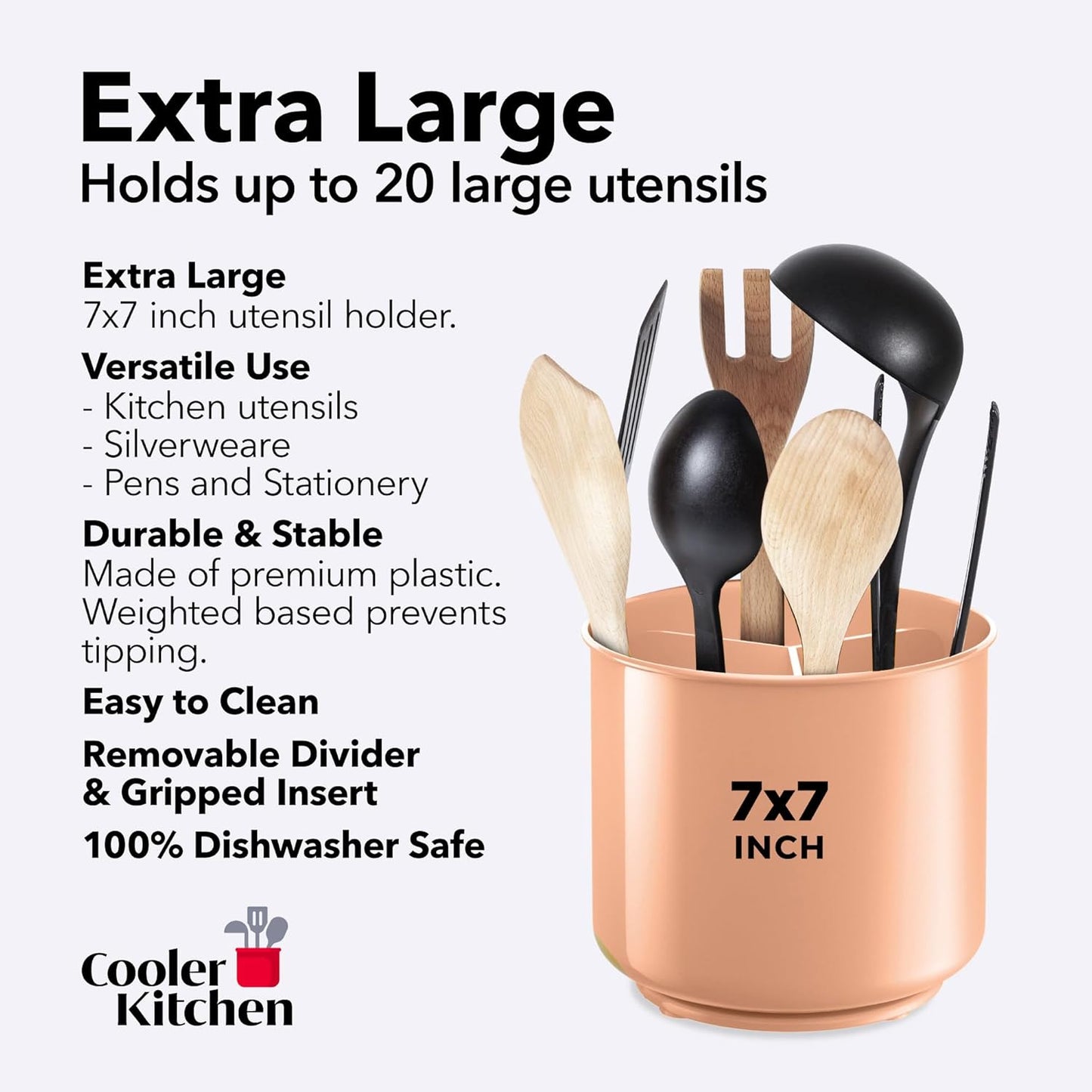 Rotating Extra Large Peach Plastic Utensil Holder Caddy with Sturdy No-Tip Weighted Base, Removable Divider, and Gripped Insert - Dishwasher Safe Kitchen Utensil Holder for Countertop