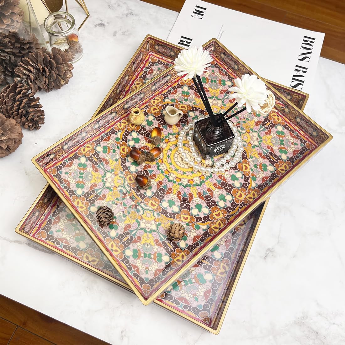 2pcs Boho Red Decorative Serving Tray, Modern Plastic Tray with Handles for Coffee Table, Living Room, Ottoman, Home Decor, Large, 15.7"*11.8"*1.6", Small 13.7"*9.8",