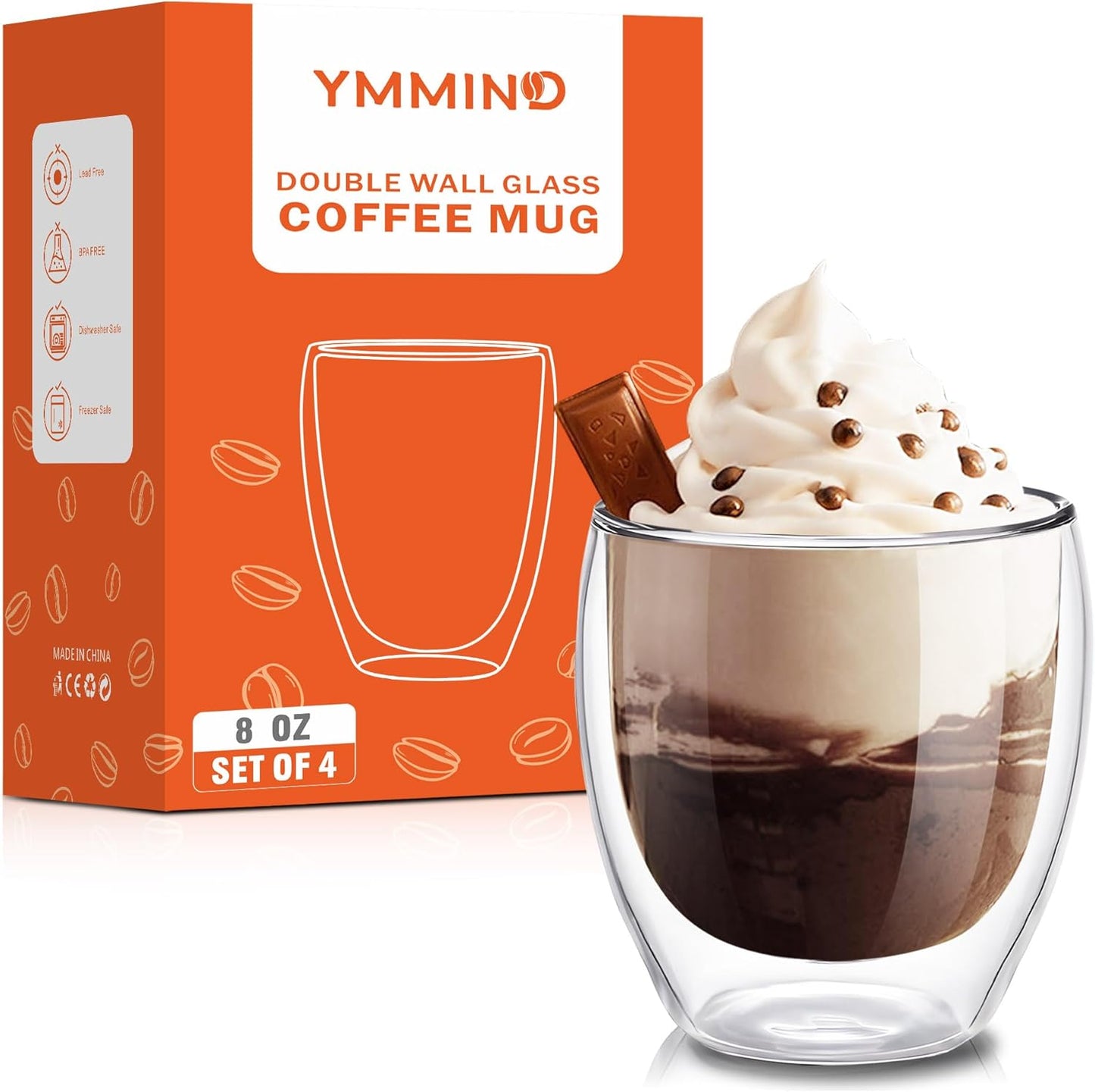 Set of 4 Double Walled Glass Coffee Mugs 8 Ounces Insulated Layer Coffee Cups Borosilicate Glass Espresso Cup for Hot Beverage,Cappuccino,Tea,Latte,Wine,Microwave Safe