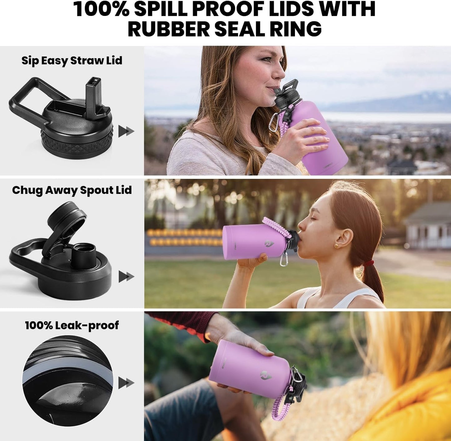 Insulated Water Bottle 64 oz, Triple Wall Vacuum Stainless Steel (Cold for 48 Hrs), Leak Proof & Non-BPA, Half Gallon Water Flask Jug with Paracord Handle & Straw Spout Lids, Lilac