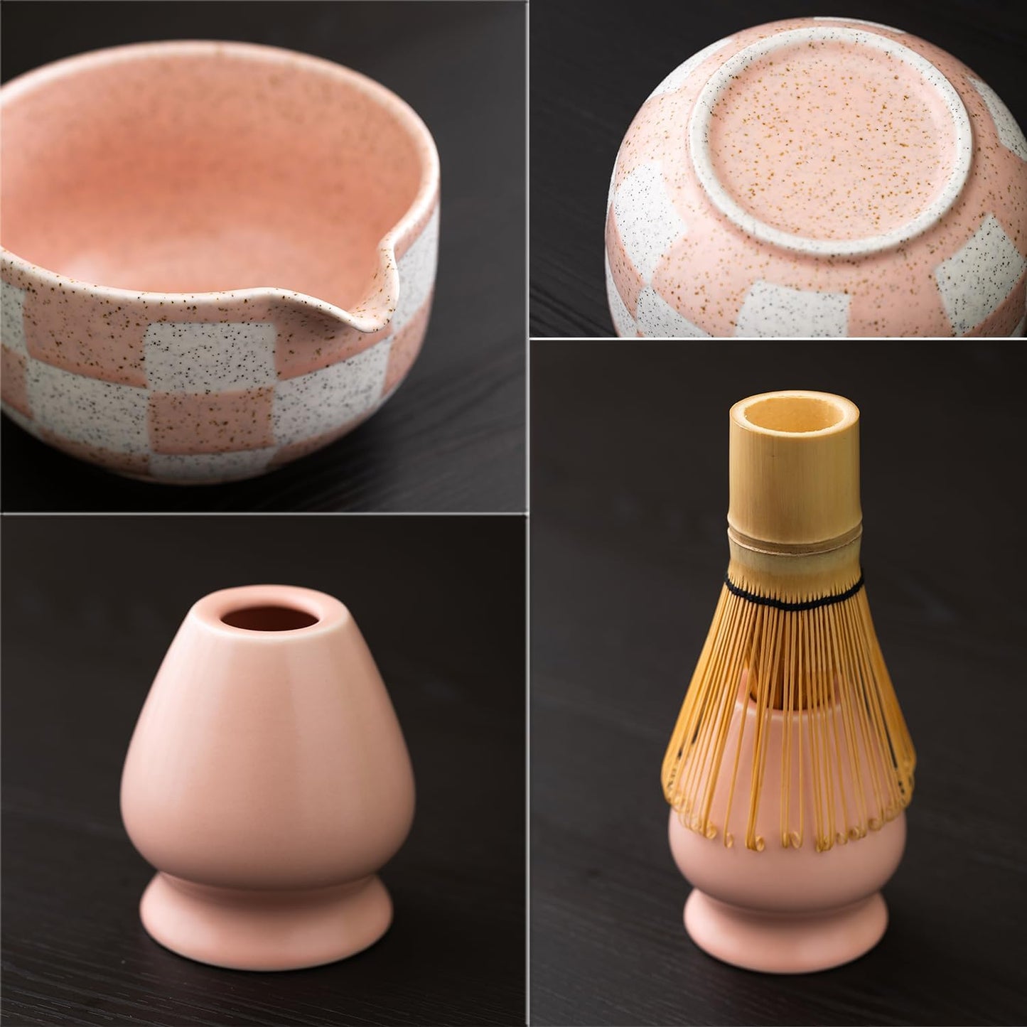 Premium 7-Piece Matcha Tea Set – Traditional Japanese Style with Elegant Grid Pattern, Includes Bamboo Whisk, Ceramic Bowl, Scoop & More – Perfect for Matcha Lovers & Tea Ceremony (Pink grid)