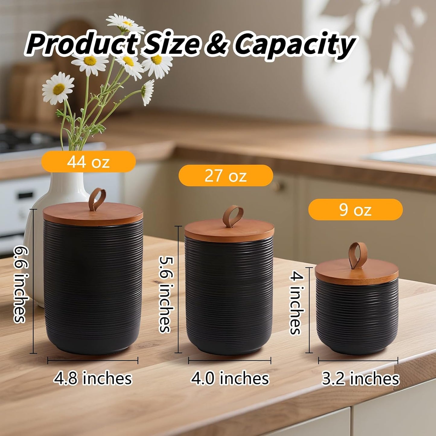 Food Storage Jar Strong Ceramic Storage Canisters with Airtight Wooden Lid,Kitchen Storage Containers for Serving Coffee Beans, Tea, Sugar, Salt, Spices (Medium black)